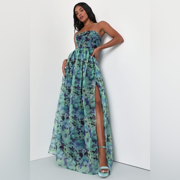 Lulus |Wonderful Waltz Green Floral Print Strapless Bustier Maxi Dress - Picture 1 of 10